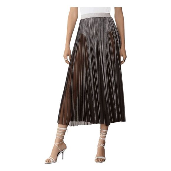 GSTQ Sun Pleated Mesh Pull-On Midi Skirt Black Semi-Sheer M - Picture 3 of 10